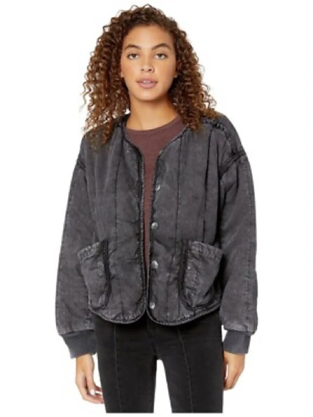 Free People Black Quilted Button-Down Puff Jacket